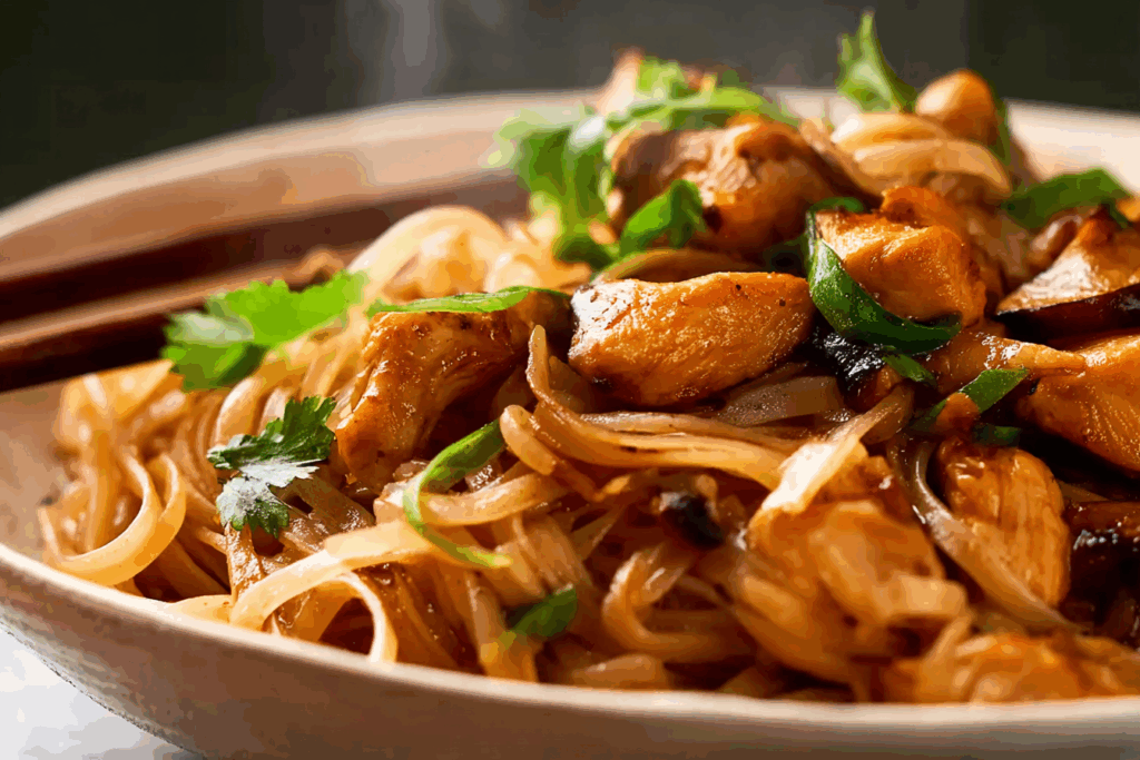 Thai Chicken and Ginger Noodles served with fresh herbs