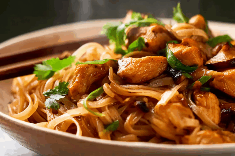 Thai Chicken and Ginger Noodles served with fresh herbs