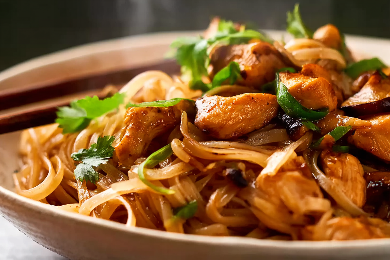 Thai Chicken and Ginger Noodles served with fresh herbs