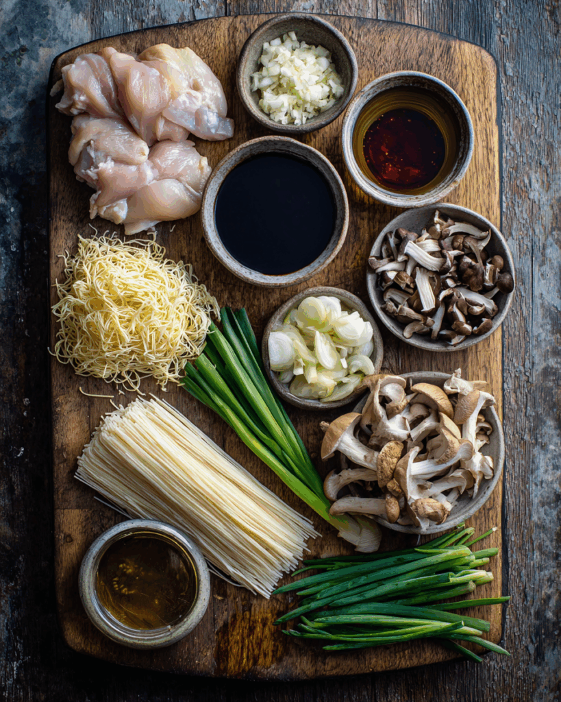 Ingredients for Thai Chicken and Ginger Noodles displayed on a wooden table