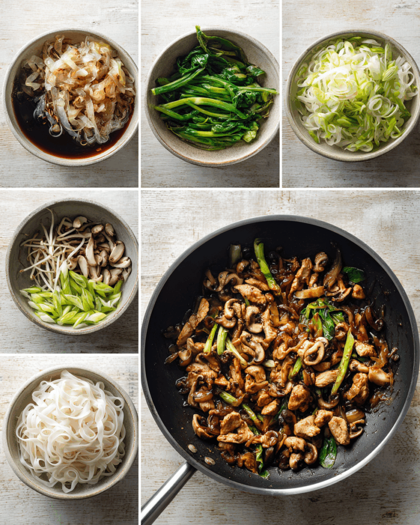 Stir-frying Thai Chicken and Ginger Noodles in a wok