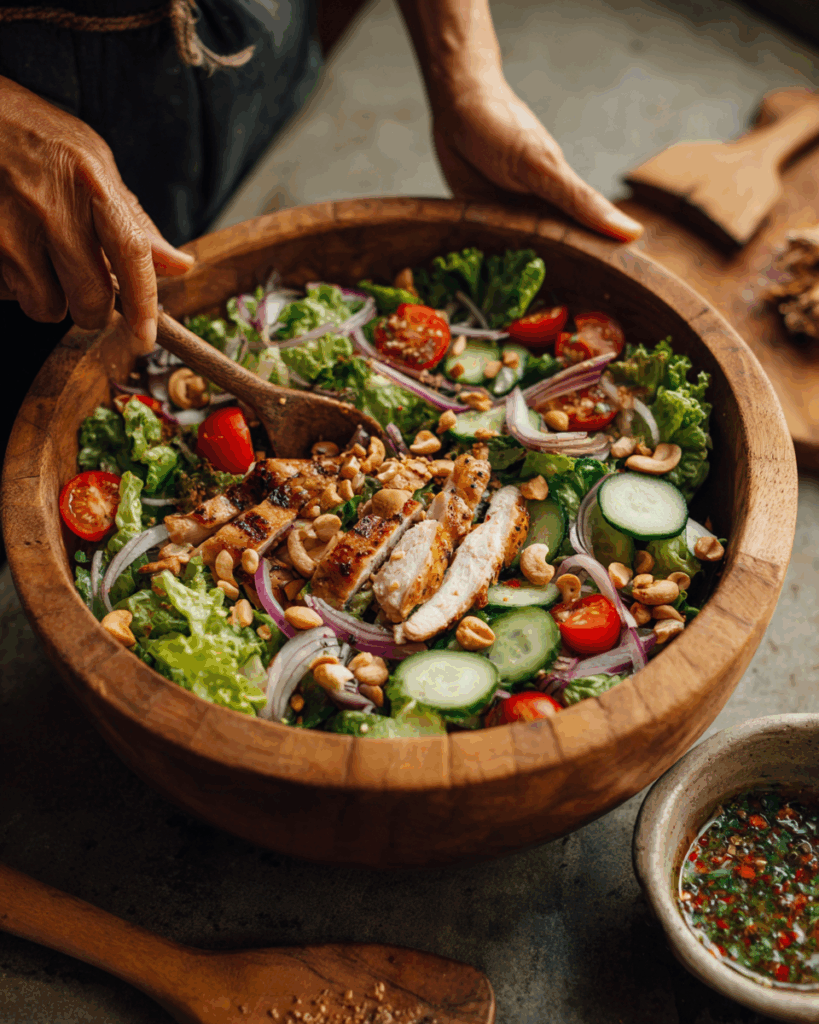 Thai Chicken Salad served in lettuce cups with lime wedges