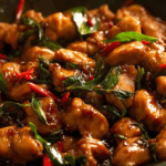 Thai chilli basil chicken with steamed jasmine rice and fried egg