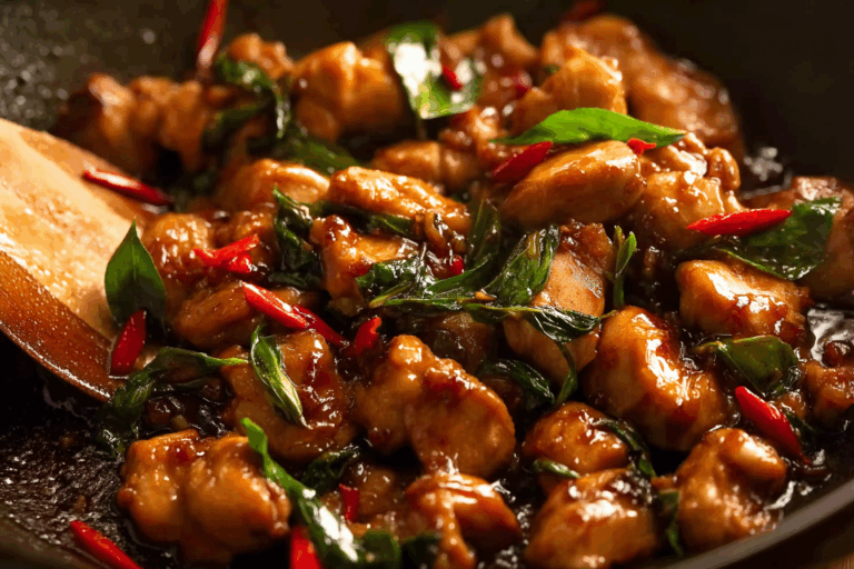 Thai chilli basil chicken with steamed jasmine rice and fried egg