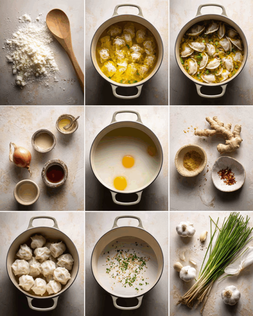 Red curry broth for Thai Coconut Curry Dumpling Soup simmering in pot