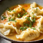 Thai Coconut Curry Dumpling Soup with red curry broth and gyozas