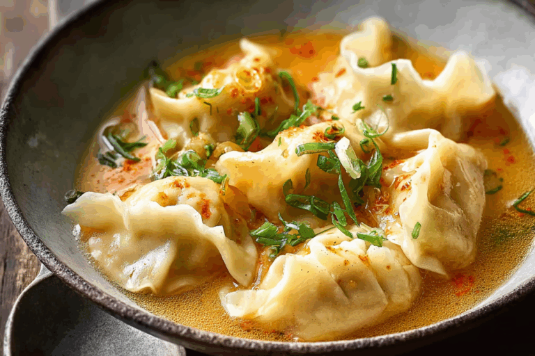 Thai Coconut Curry Dumpling Soup with red curry broth and gyozas