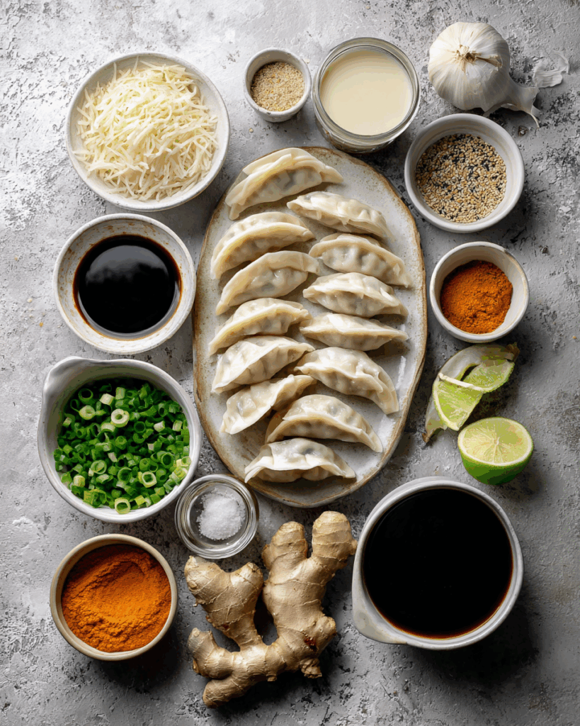 Thai Coconut Curry Dumpling Soup Ingredients displayed neatly