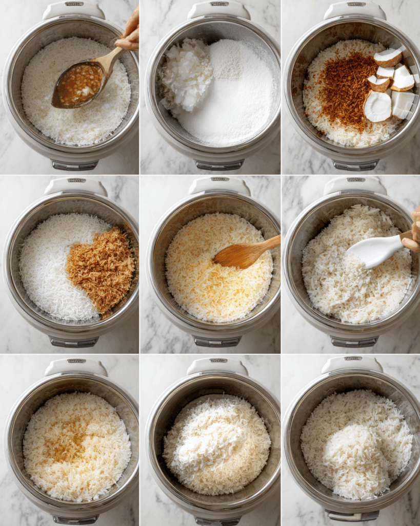 Thai coconut rice cooking with coconut milk and pandan leaves