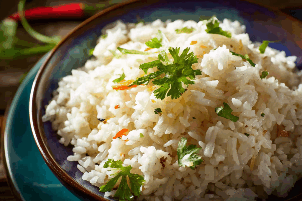 Creamy Thai coconut rice garnished with toasted coconut