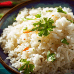 Creamy Thai coconut rice garnished with toasted coconut