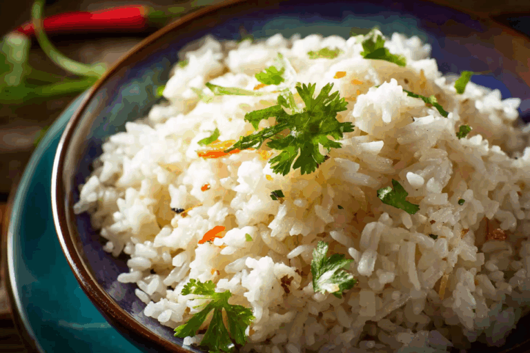 Creamy Thai coconut rice garnished with toasted coconut