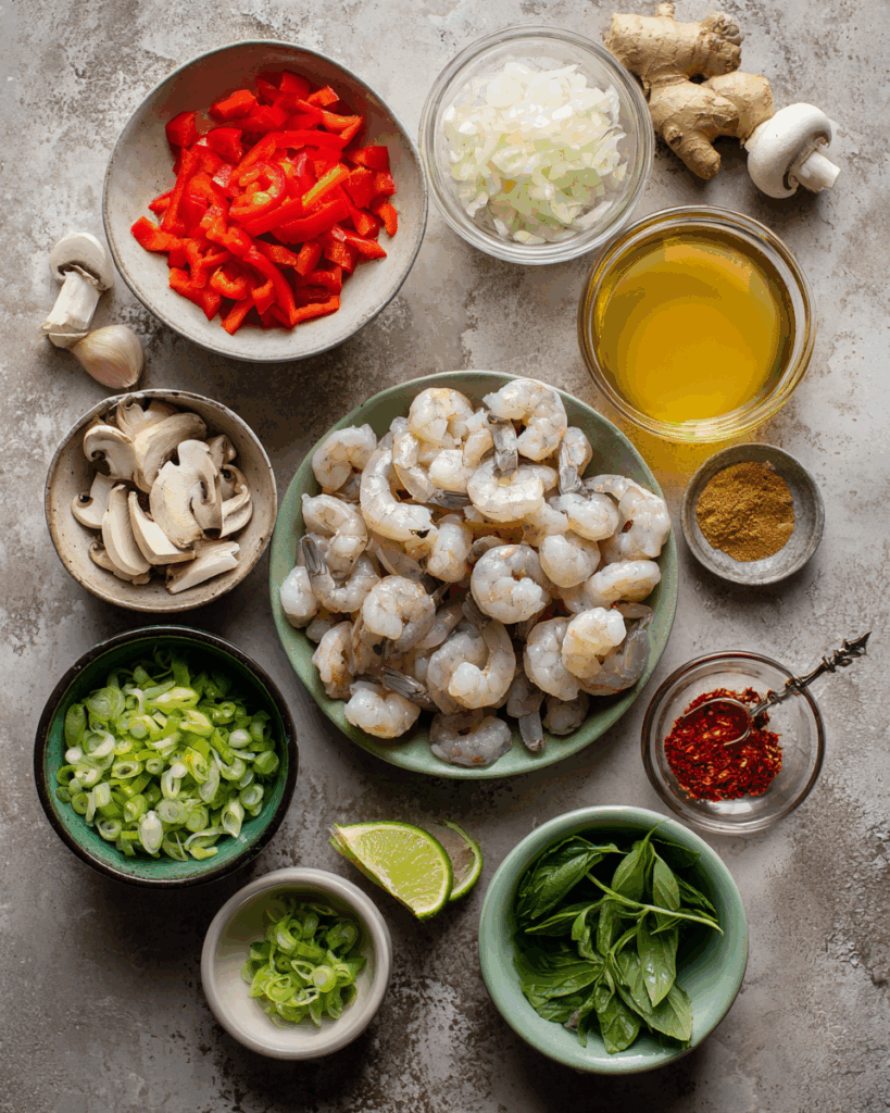 Thai coconut soup with shrimp cooking in a pot.