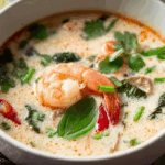 Thai coconut soup with shrimp served with fresh herbs.