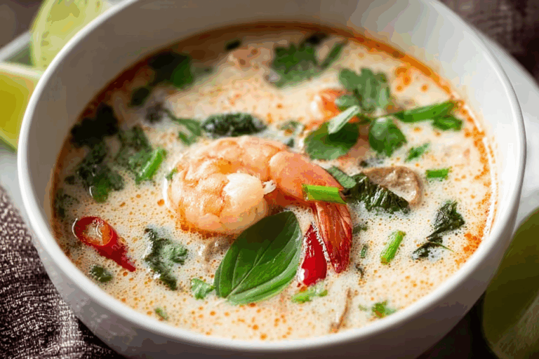 Thai coconut soup with shrimp served with fresh herbs.