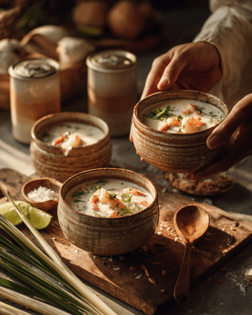 Thai coconut soup with shrimp served with sides.