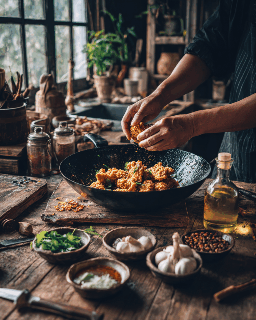 Thai Crispy Fried Egg cooking in hot oil