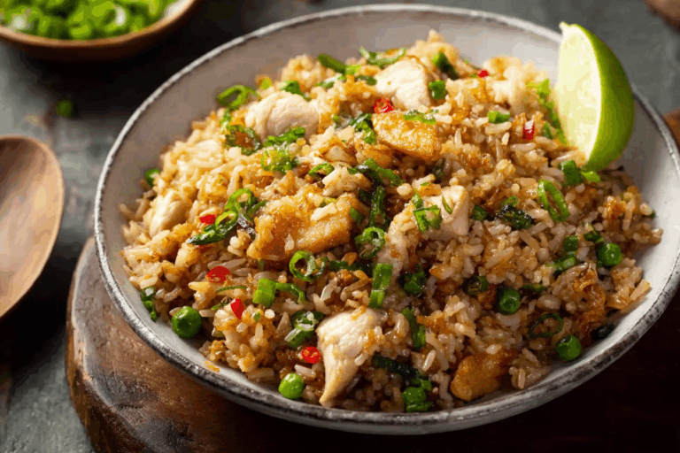 Thai Fried Rice With Chicken served in traditional Thai bowl