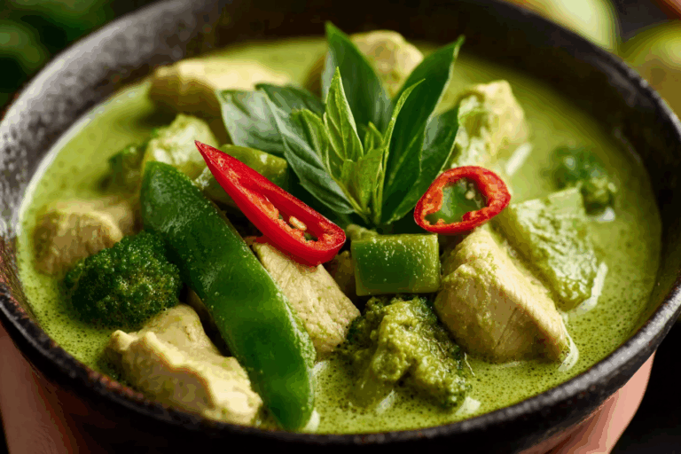 Thai Green Chicken Curry served in a traditional Thai bowl