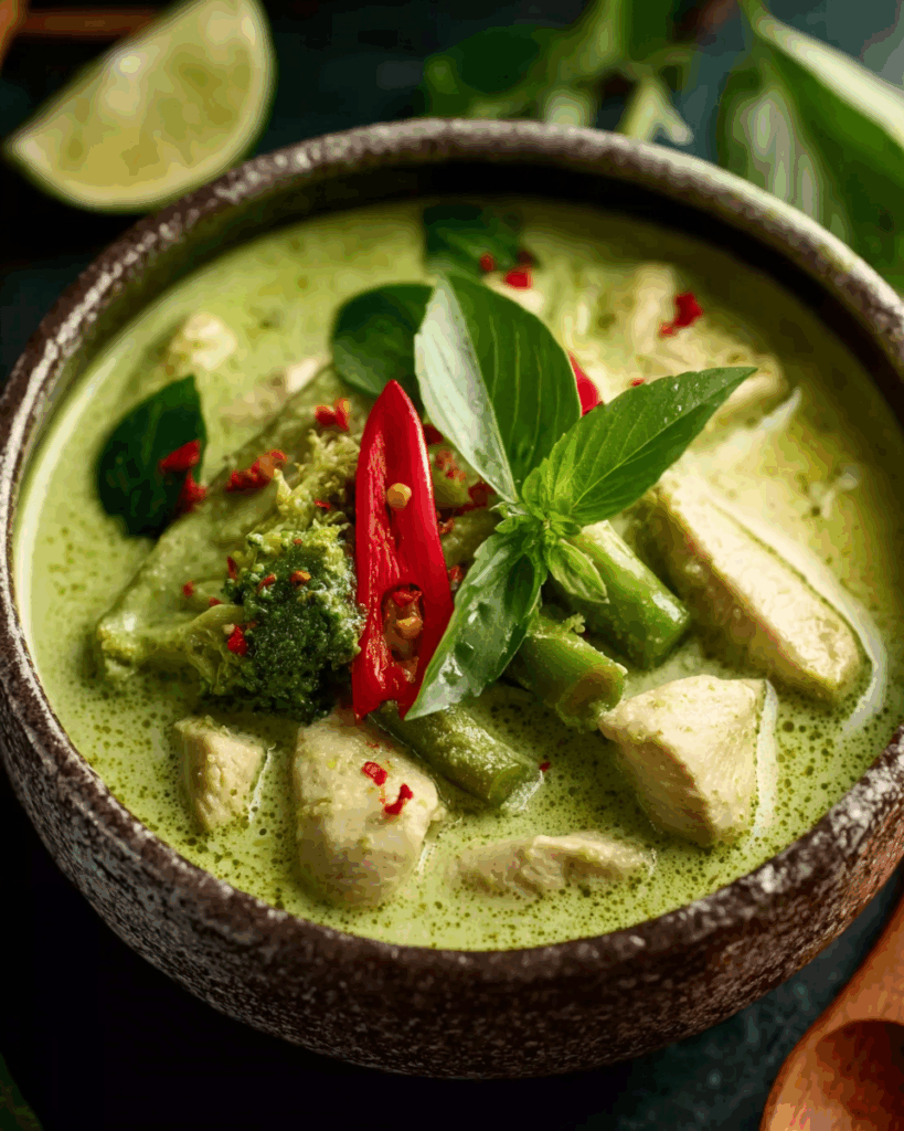 Vibrant Thai green curry served hot with fragrant jasmine rice and traditional garnishes