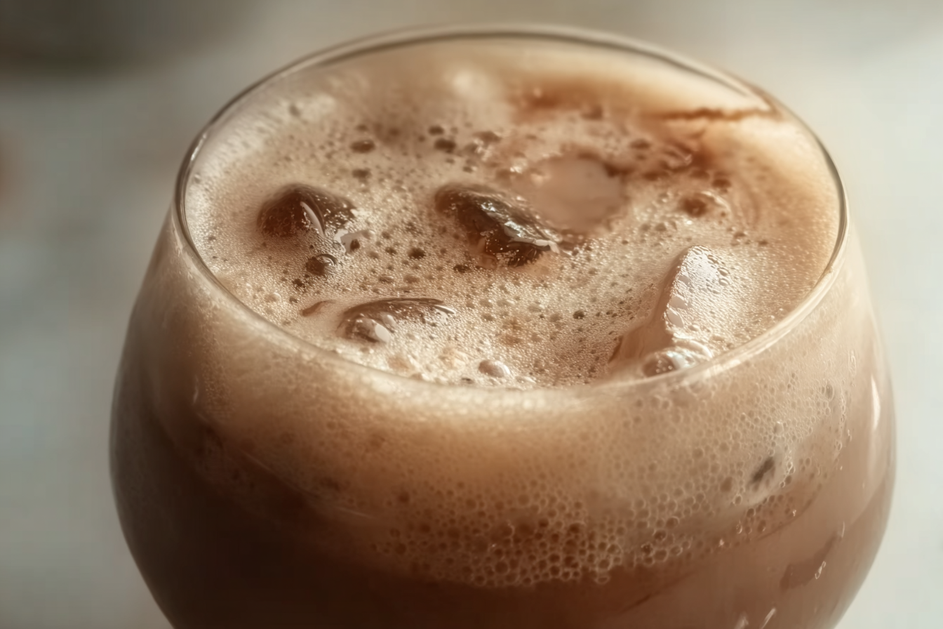Thai Iced Cocoa Milk in a glass with ice and chocolate swirls