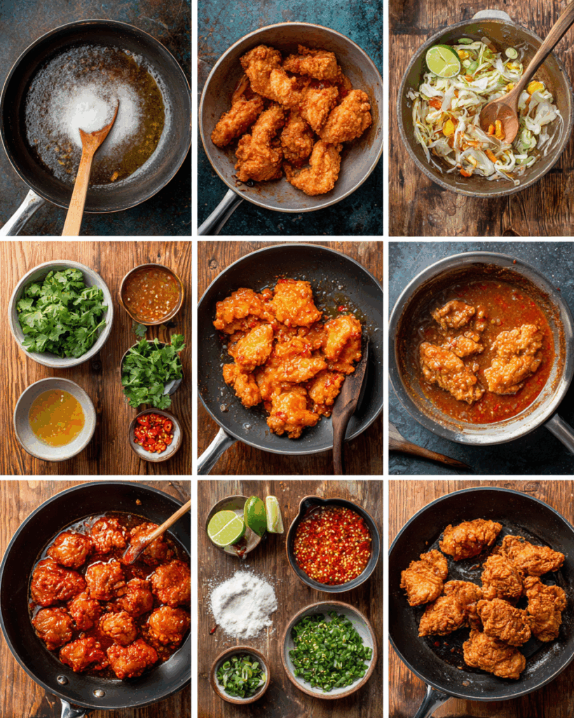 tossing fried chicken in sweet chili lime sauce