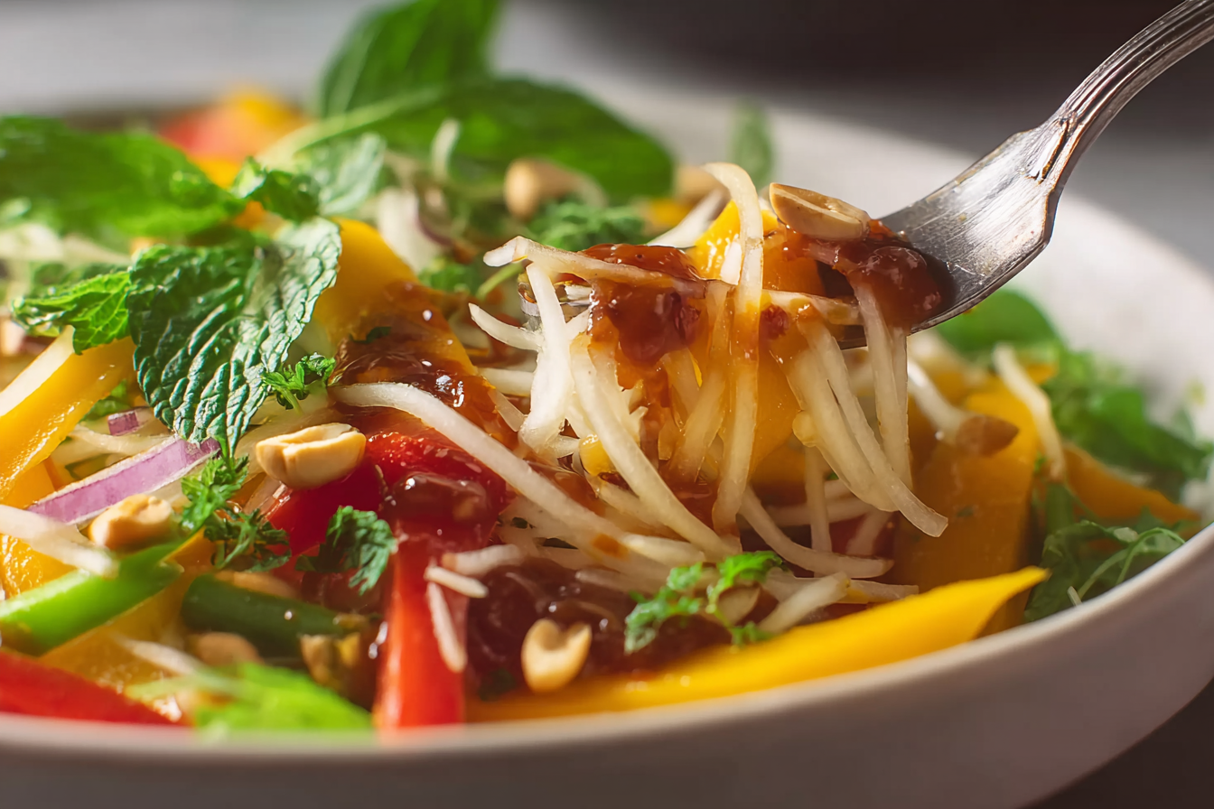 Vibrant Thai Mango Salad close-up with fresh herbs and nuts