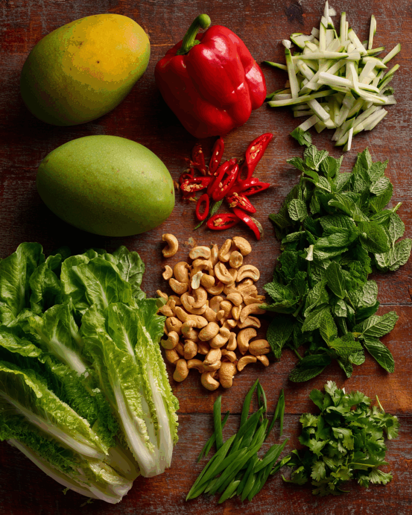 Fresh Thai mango dish ingredients arranged on wooden surface