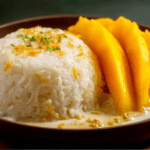 Thai Mango Sticky Rice beautifully plated with coconut sauce