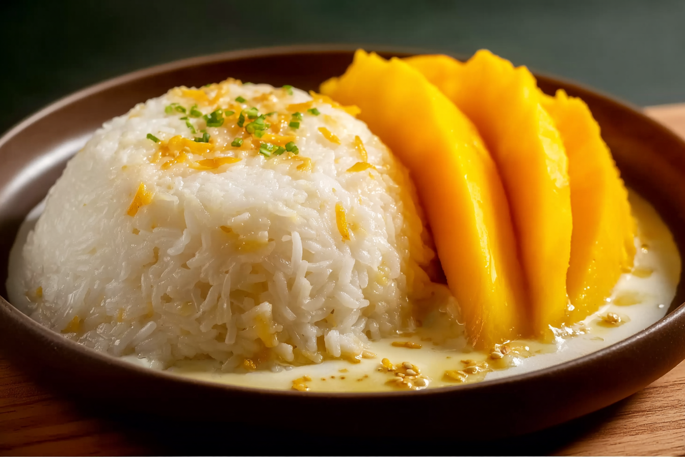 Thai Mango Sticky Rice beautifully plated with coconut sauce