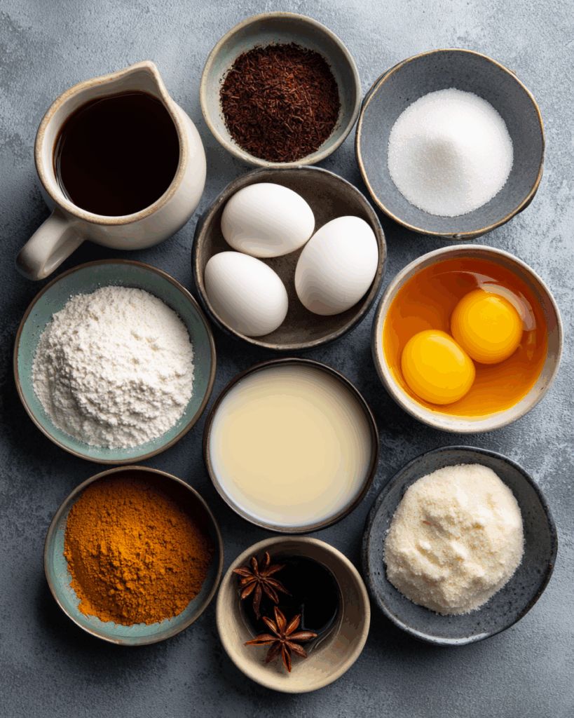 Thai Milk Tea Crème Caramel ingredients prepared on a wooden table