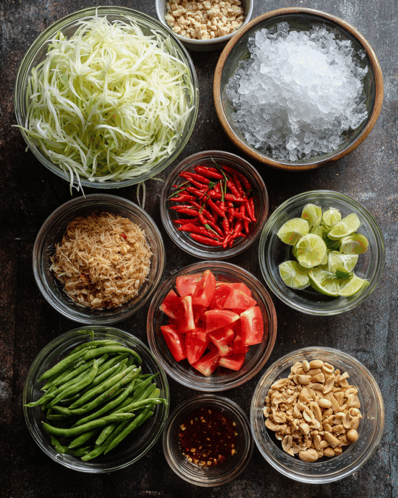 Thai papaya salad ingredients on wooden table