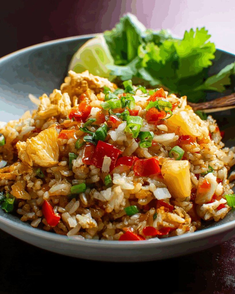 Cooking Thai Pineapple Fried Rice in a wok