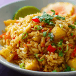 Thai pineapple fried rice served in a pineapple boat