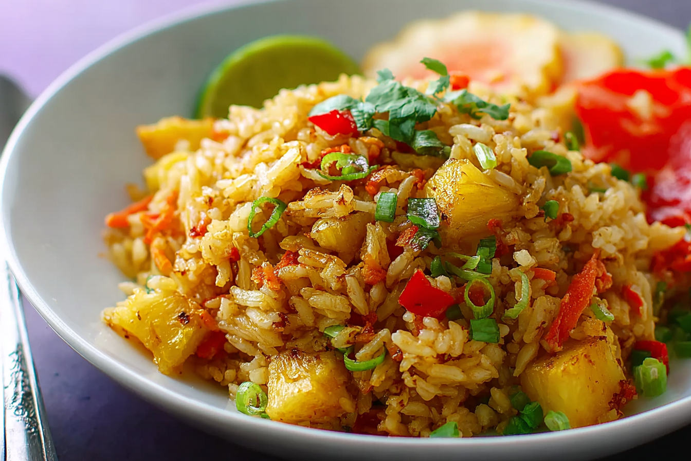 Thai pineapple fried rice served in a pineapple boat