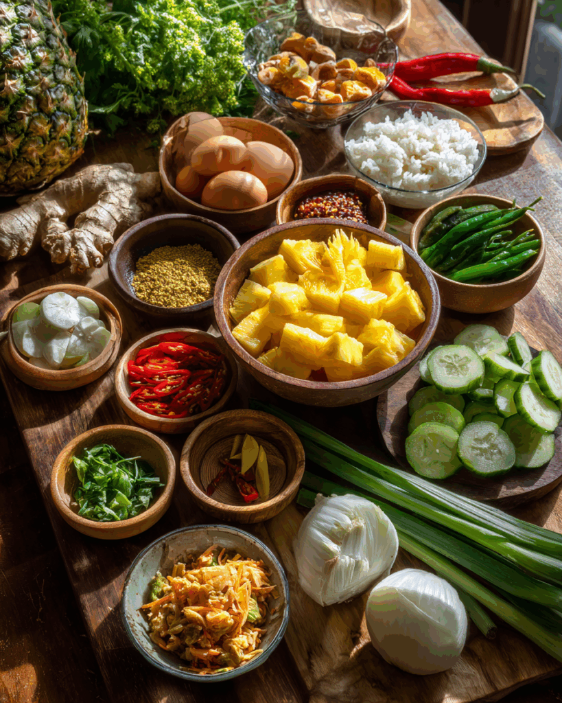 Fresh ingredients for Thai Pineapple Fried Rice preparation