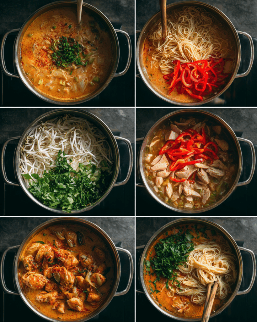 Thai Red Curry Noodle Soup simmering in Dutch oven