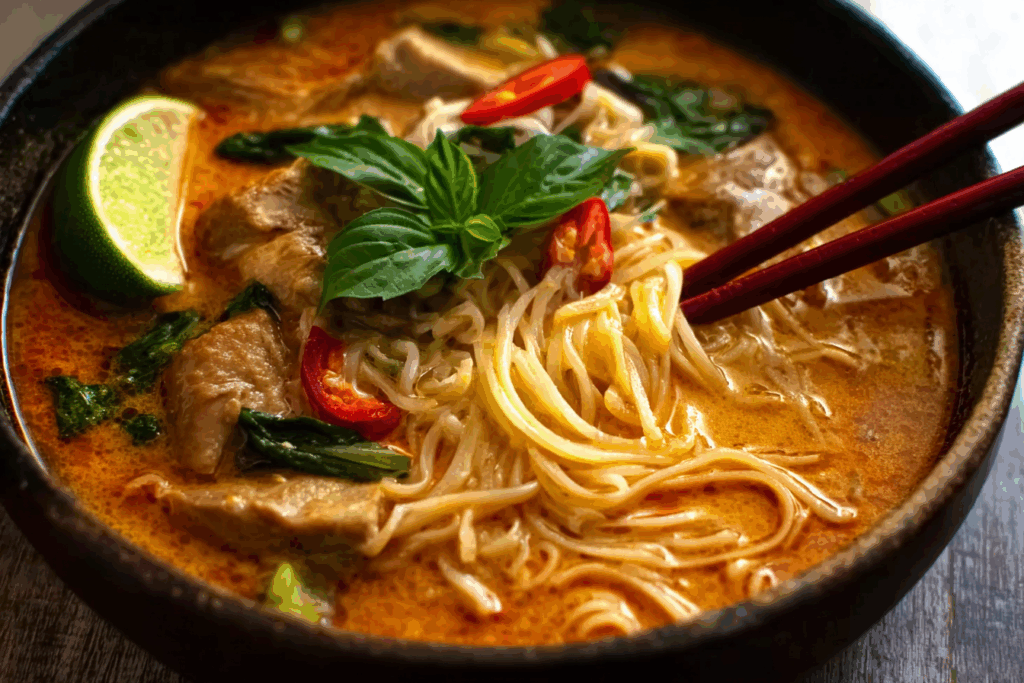 Thai Red Curry Noodle Soup in a bowl with coconut milk and herbs