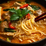 Thai Red Curry Noodle Soup in a bowl with coconut milk and herbs