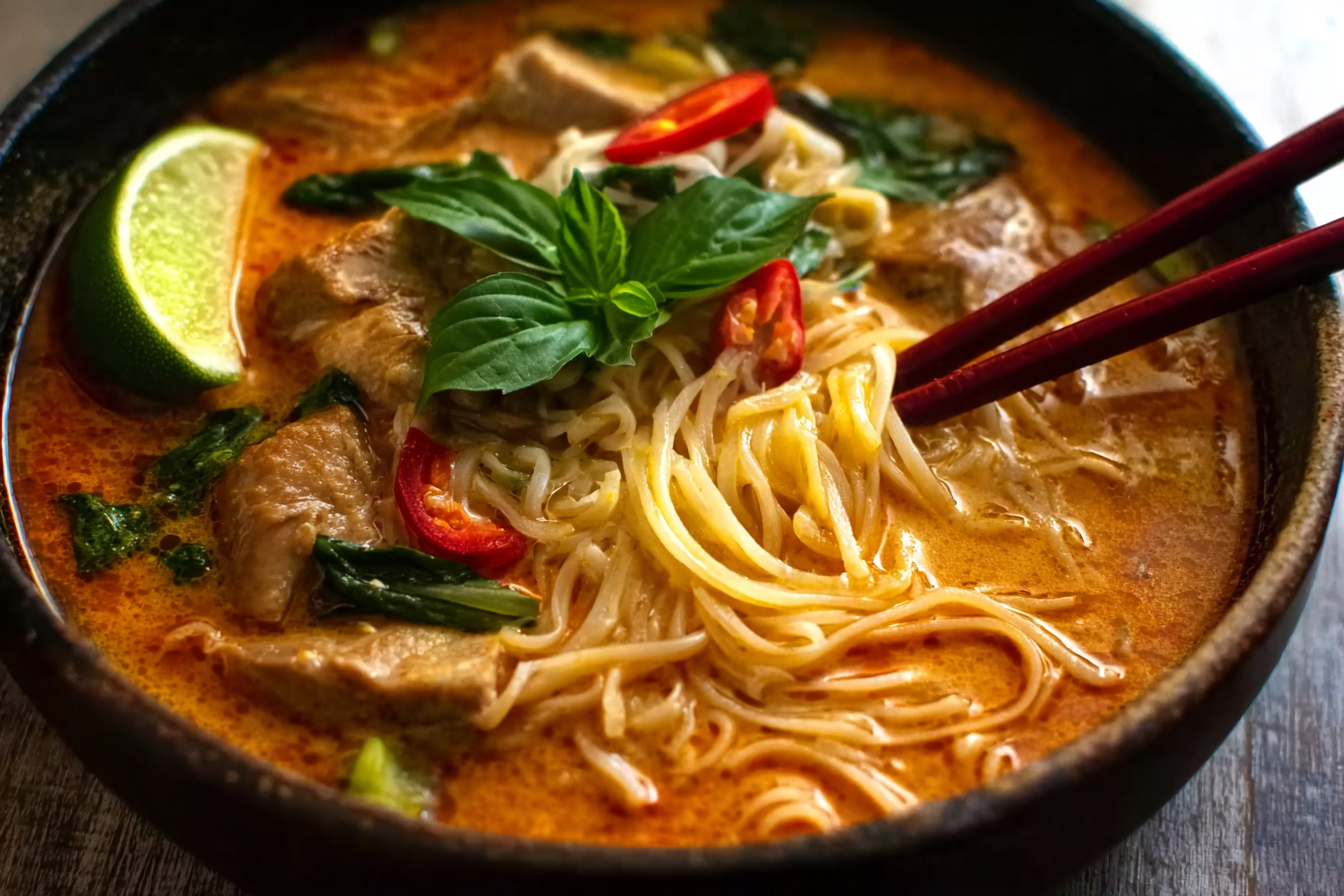 Thai Red Curry Noodle Soup in a bowl with coconut milk and herbs