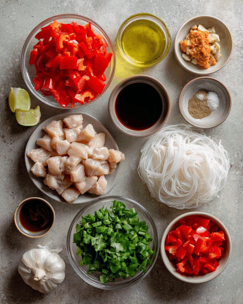 Ingredients for Thai Red Curry Noodle Soup on wooden surface
