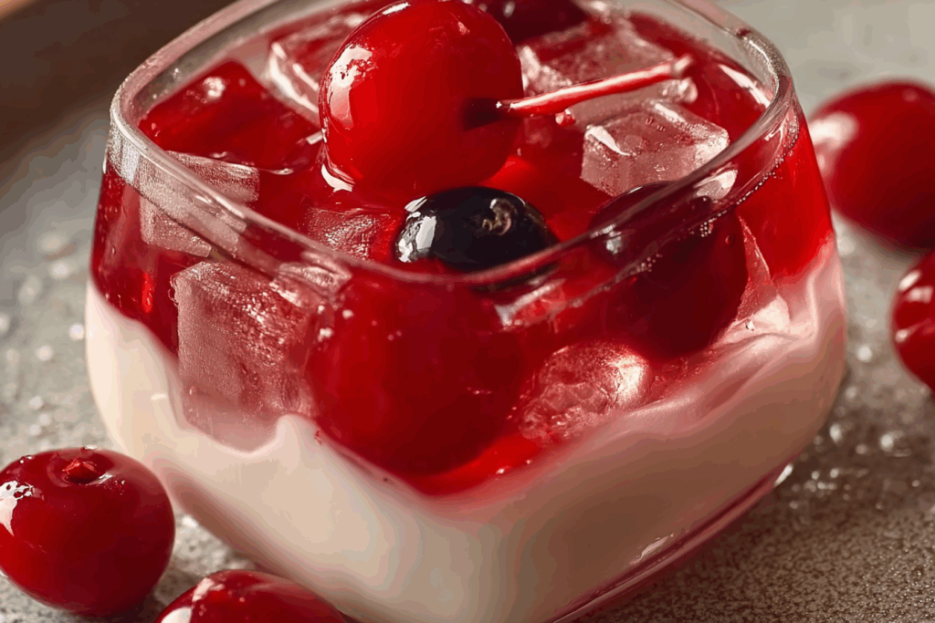 Thai Red Rubies Dessert with coconut milk and jackfruit in a glass bowl