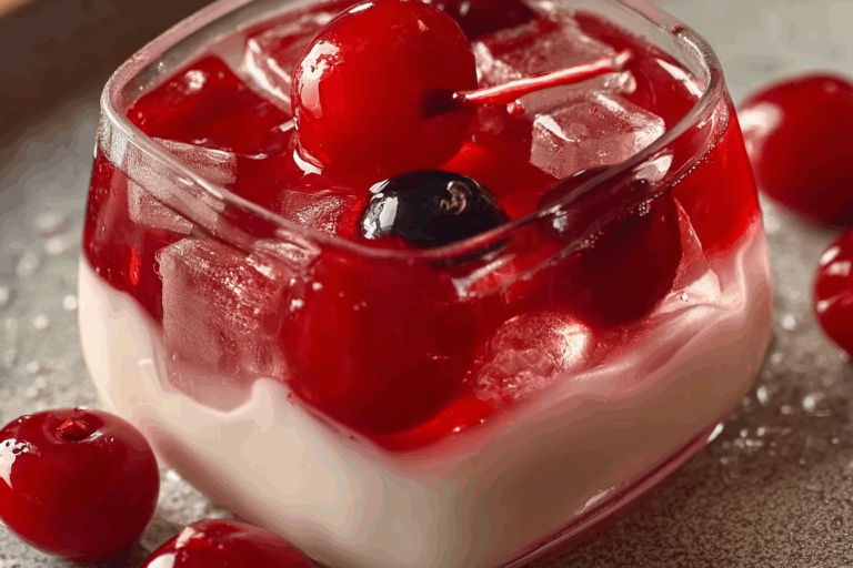 Thai Red Rubies Dessert with coconut milk and jackfruit in a glass bowl
