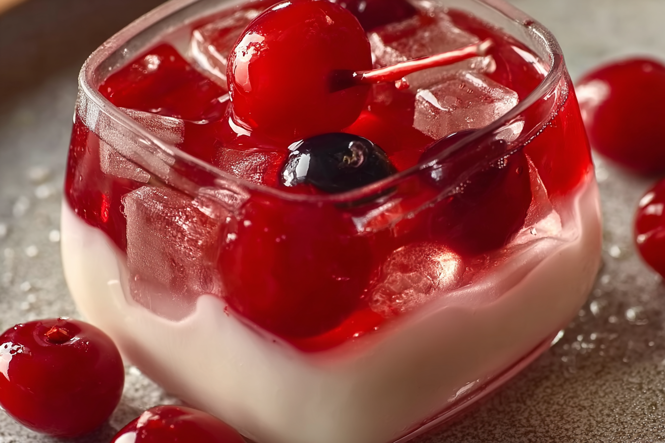 Thai Red Rubies Dessert with coconut milk and jackfruit in a glass bowl