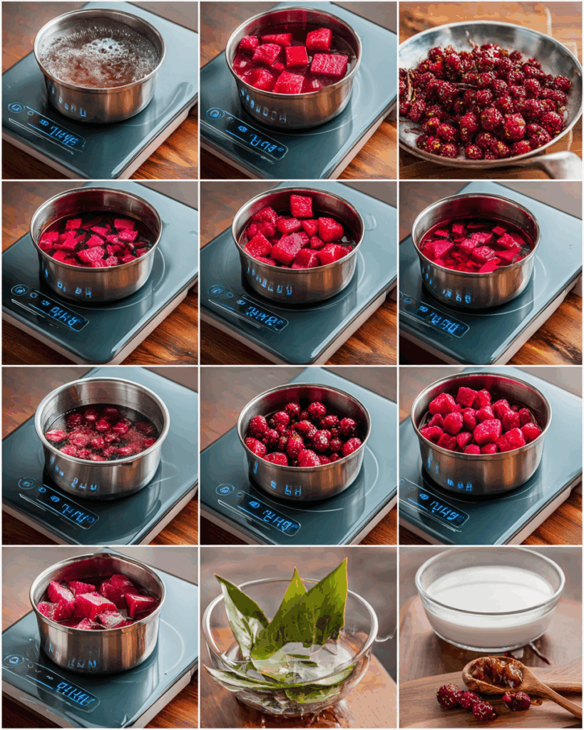 Variations of Thai Red Rubies Dessert with mango and coconut