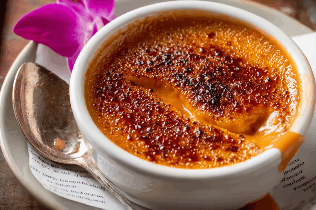 Thai Tea Crème Brûlée with caramelized sugar crust in ramekin