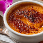 Thai Tea Crème Brûlée with caramelized sugar crust in ramekin