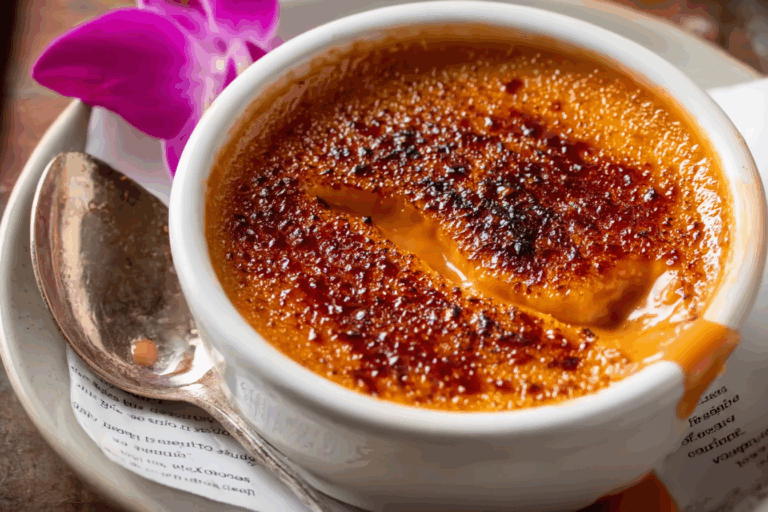 Thai Tea Crème Brûlée with caramelized sugar crust in ramekin