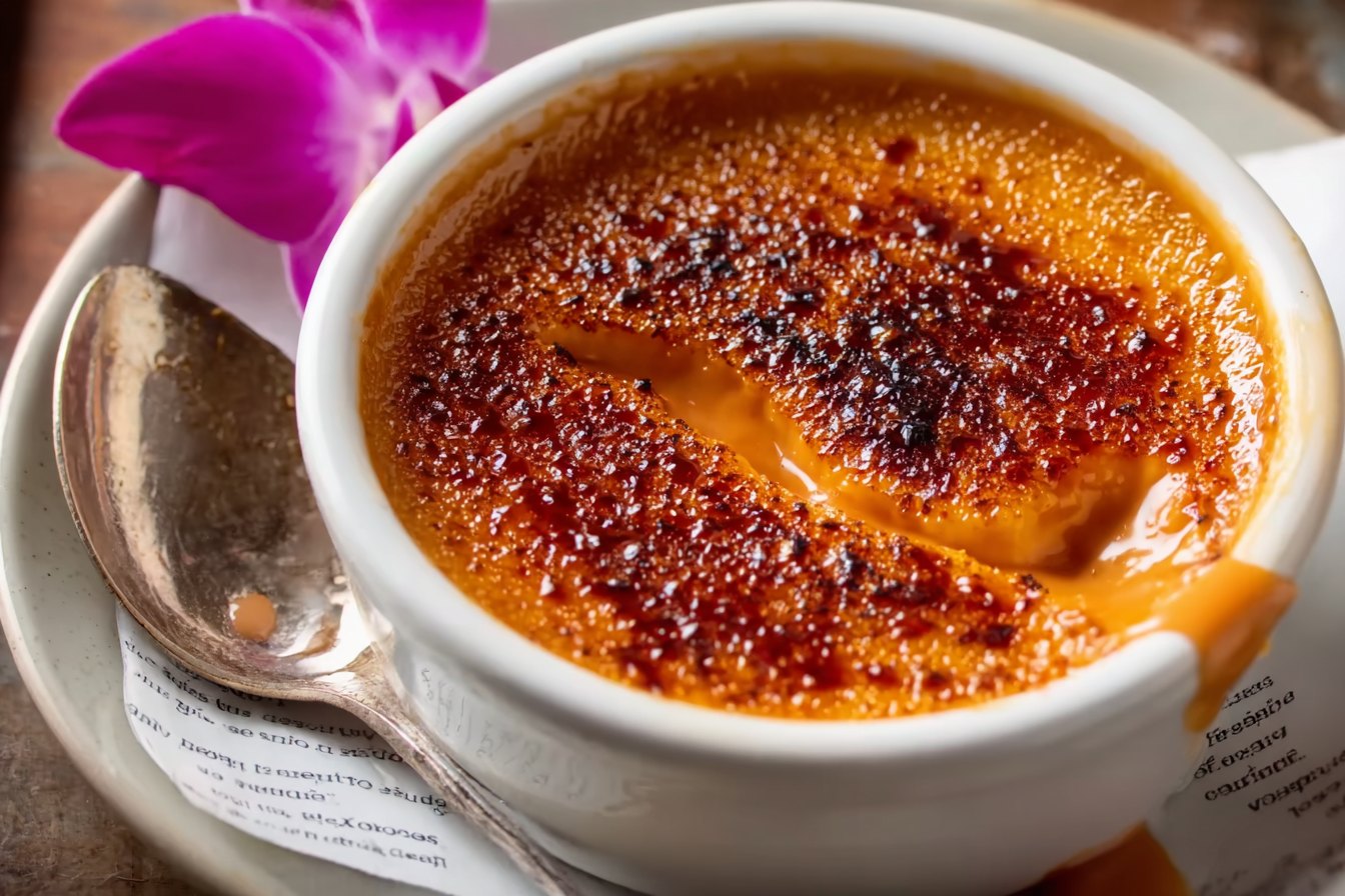 Thai Tea Crème Brûlée with caramelized sugar crust in ramekin