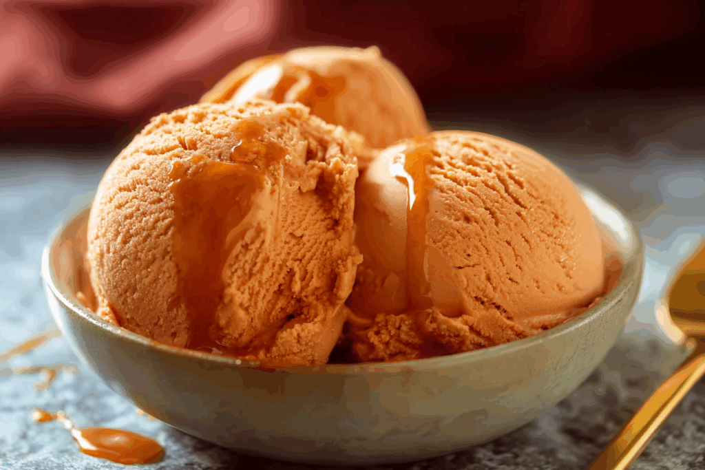 creamy Thai tea ice cream in a coconut bowl